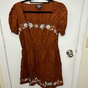 Francesca's Burnt Orange Short Sleeve Floral Embroidered Dress, Size L